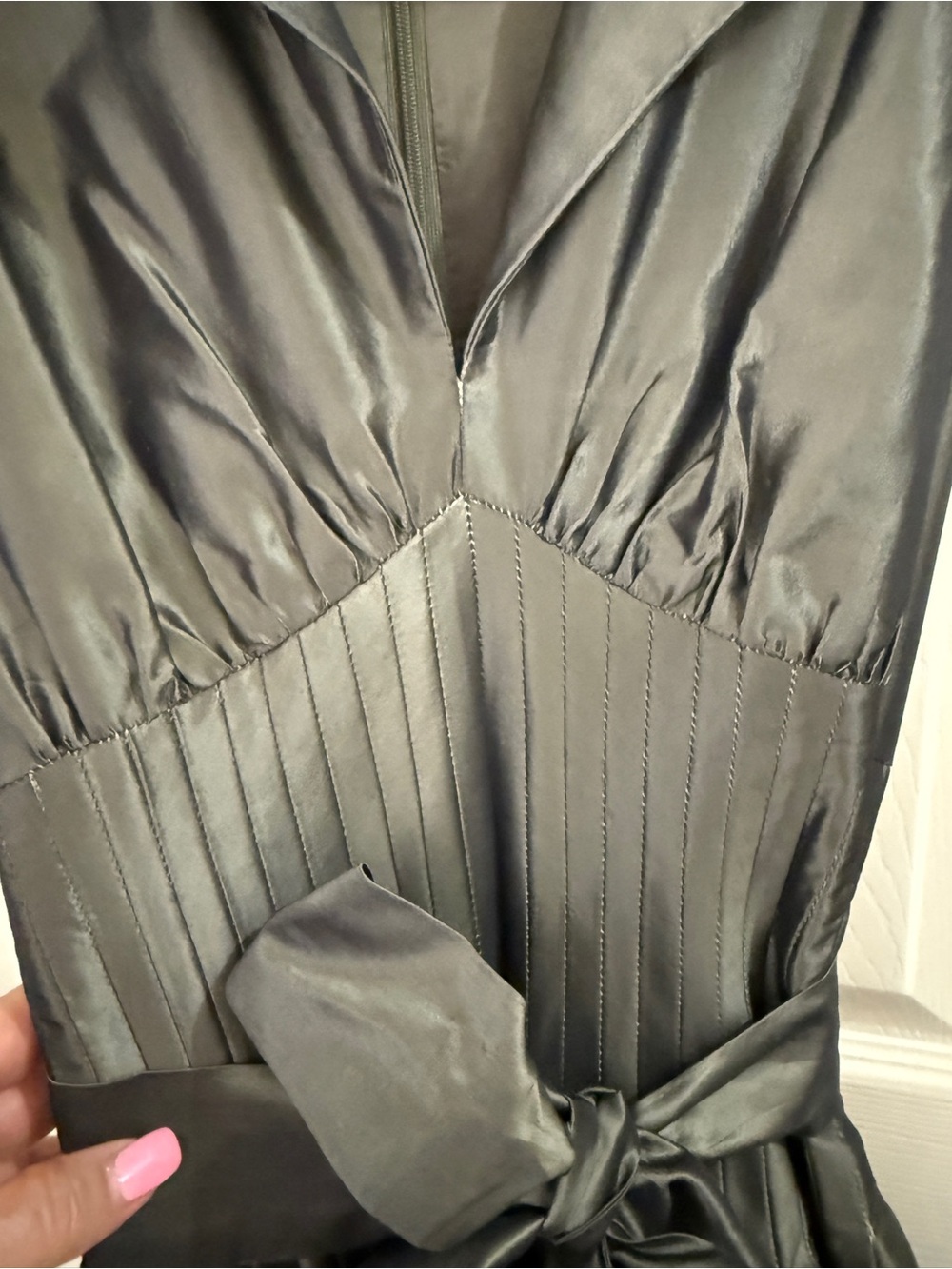 Teri Jon Olive Green Taffeta Fit‑and‑Flare Midi Dress with Pleated Waist & Bow - Picture 7 of 15